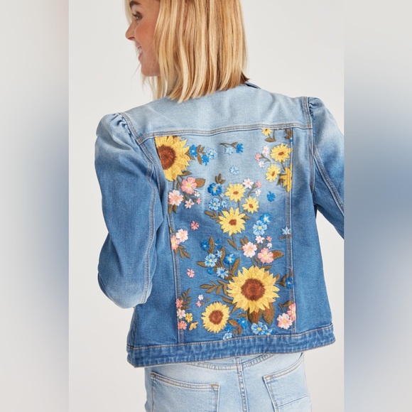 DRIFTWOOD Jackets & Blazers - Driftwood Gigi Puff Sleeve Denim Jean Crop Jacket Sunflower Embroidered Medium